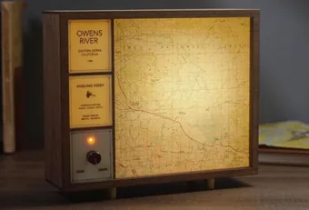 Backlit USGS topo of the Owens River in a wooden desktop lightbox